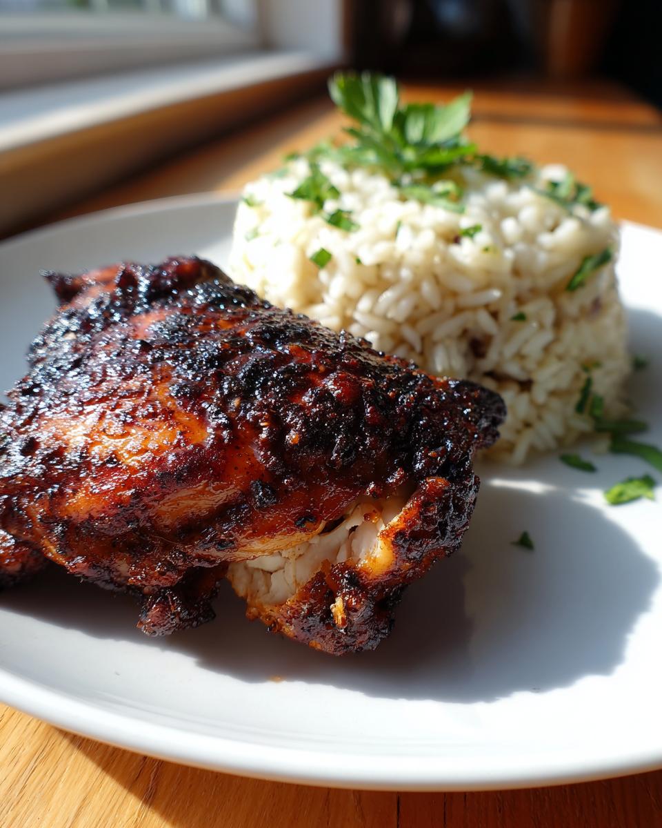 Close-up of a piece of dark, glazed Jamaican jerk chicken next to a mound of herbed rice.