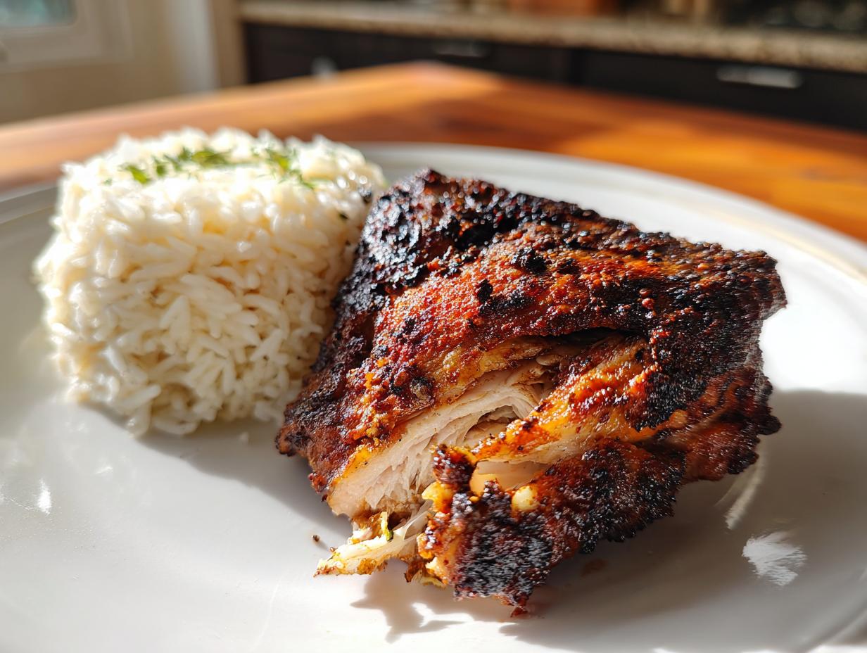 Close-up of a piece of perfectly cooked Jamaican Jerk Chicken with a dark, spiced crust next to a mound of white rice.