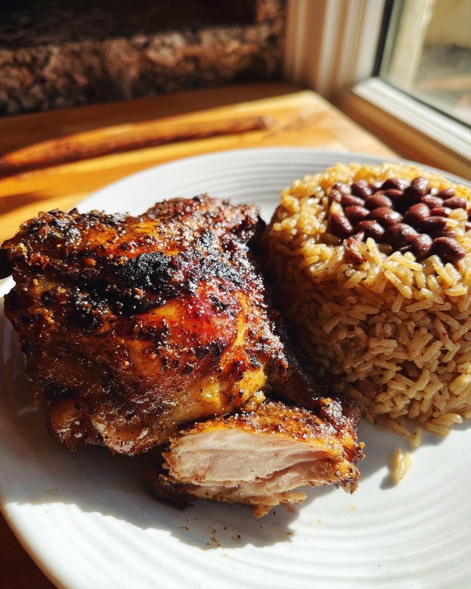 Close-up of a piece of juicy Jamaican Jerk Chicken, showing the charred exterior and tender inside, served next to rice and peas.