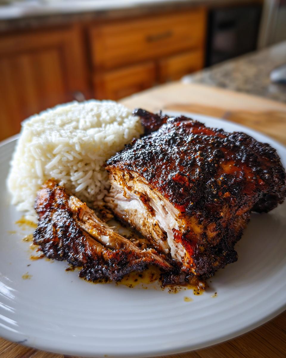 A close-up of perfectly cooked Jamaican Jerk Chicken, sliced open to show moist meat, served alongside a mound of white rice on a white plate.