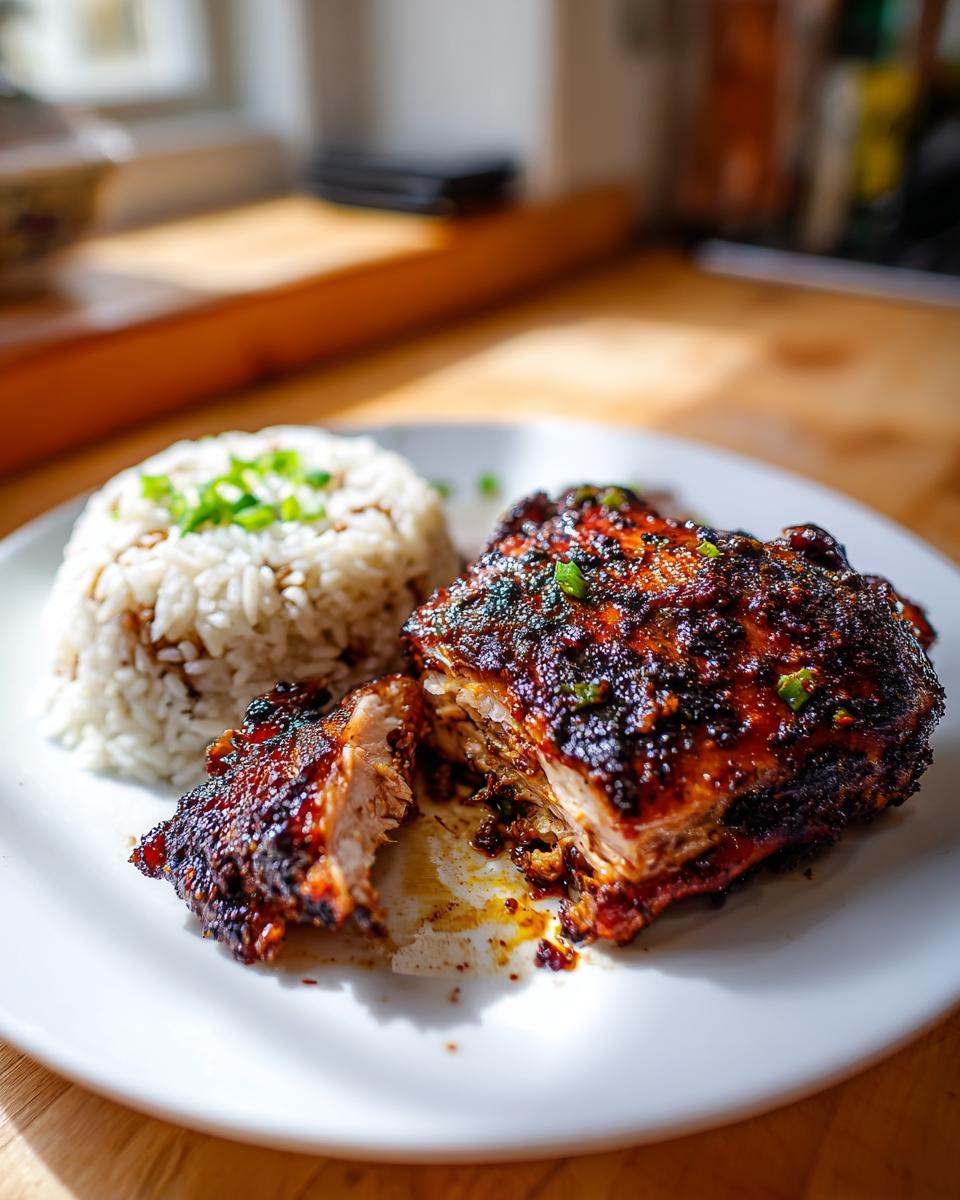 A piece of richly glazed Jamaican jerk chicken, cut open to show the moist interior, served next to a mound of white rice.