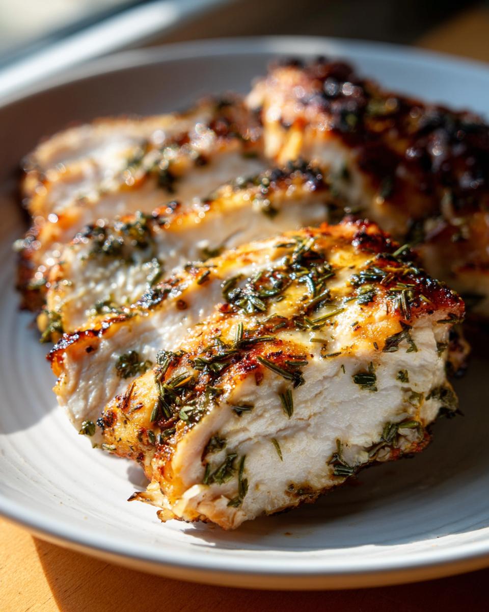 Close-up of perfectly cooked, juicy chicken breast slices showing the interior and herbs from the chicken marinade.