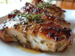 Close-up of juicy, glazed chicken breast showing herbs from the chicken marinade and a rosemary sprig.