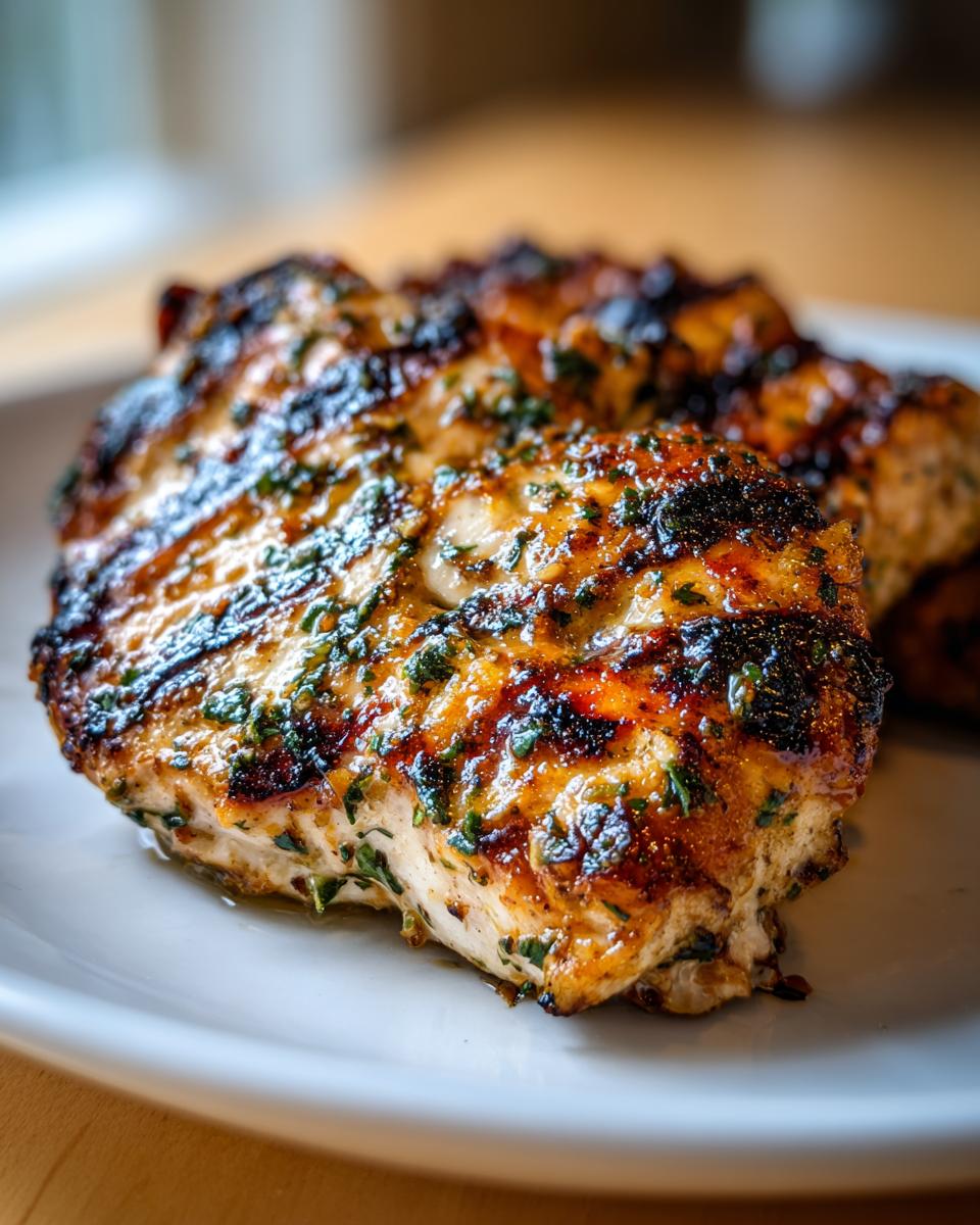 Close-up of perfectly grilled chicken breast showing char marks and green herbs from the chicken marinade.