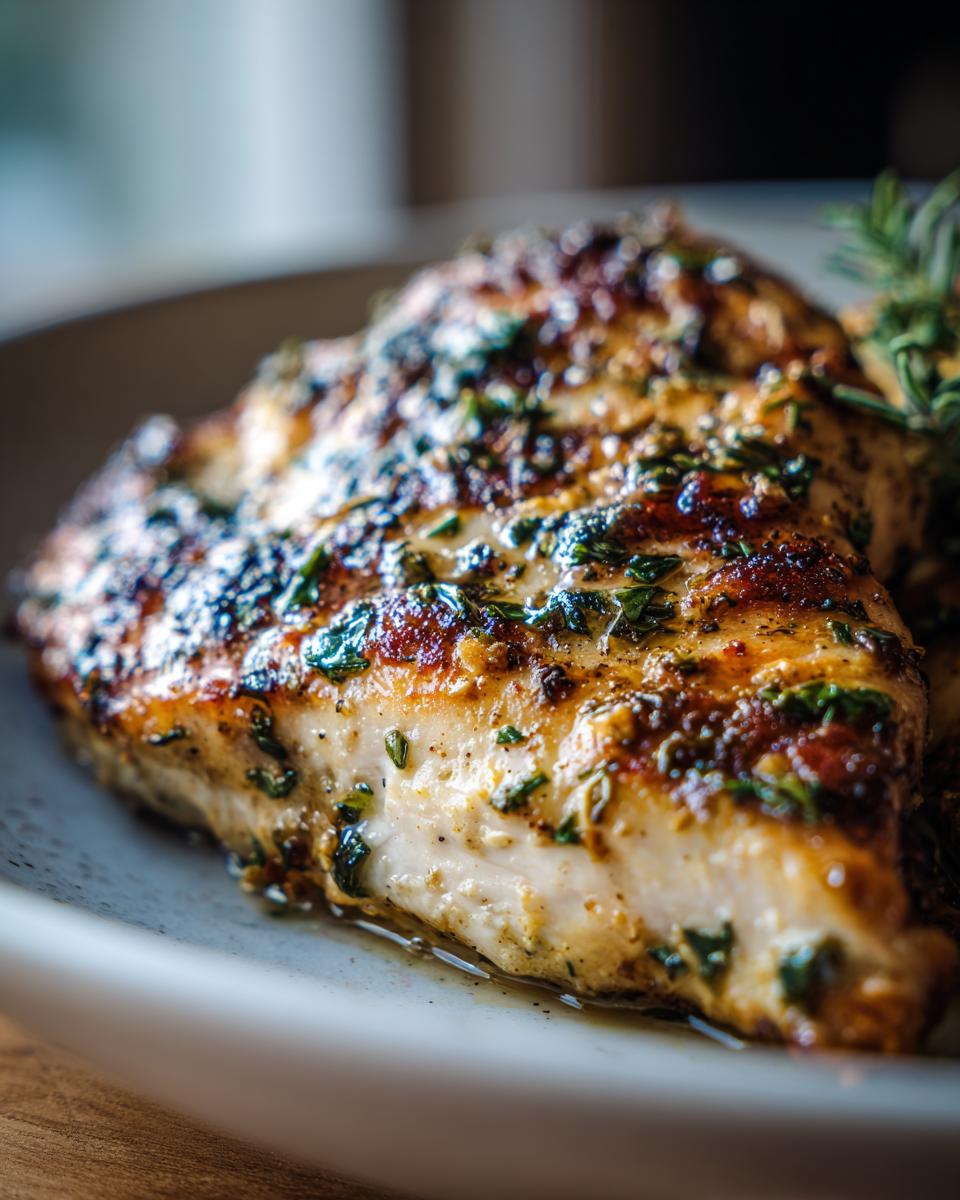 Close-up of a perfectly cooked, juicy chicken breast showing seasoning from the best chicken marinade.