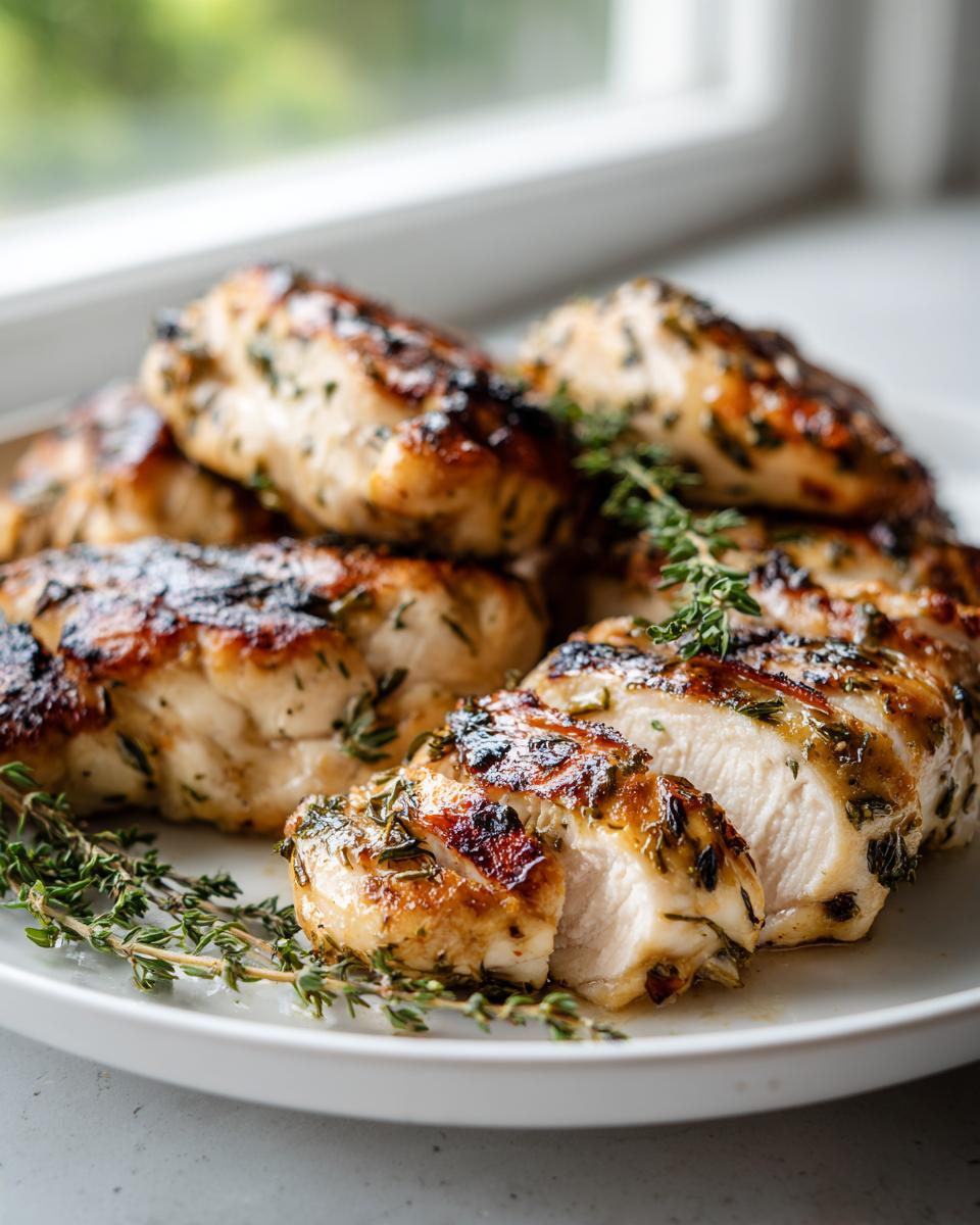 Juicy, golden-brown chicken breasts seasoned with herbs, one sliced to show moist interior, perfect for a chicken marinade recipe.