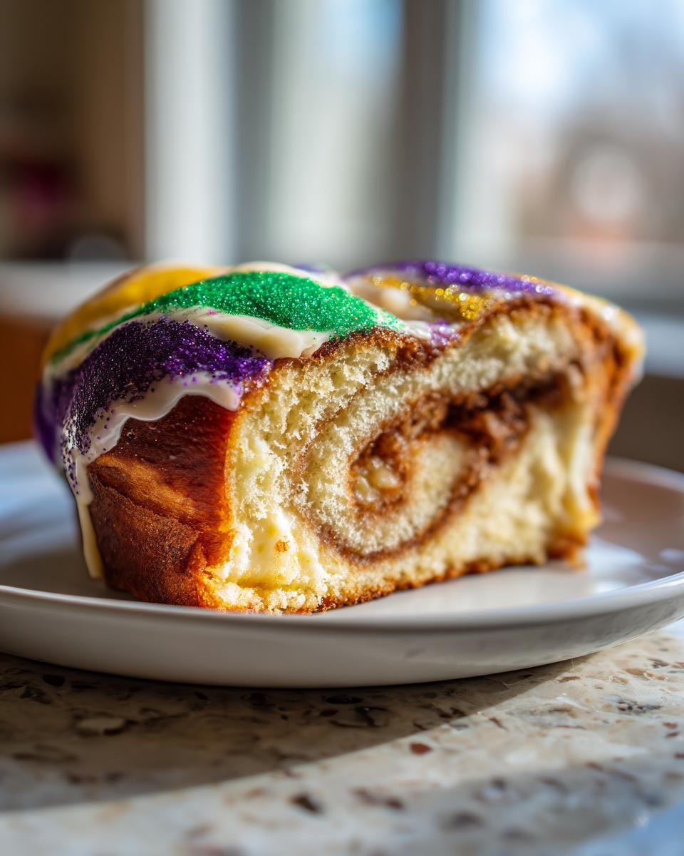 Close-up of a slice of delicious King Cake showing the cinnamon swirl filling and Mardi Gras colored icing and sprinkles.