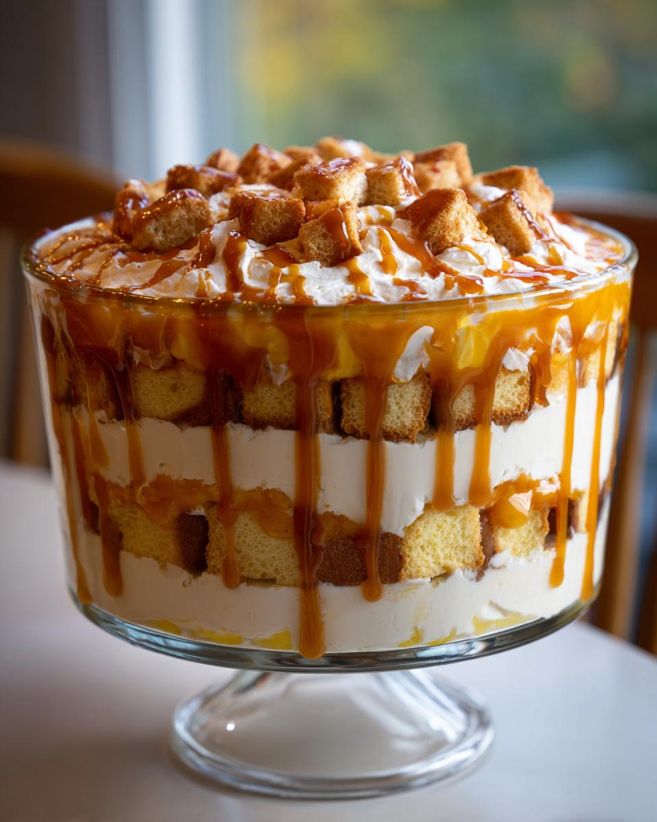 A tall, layered caramel apple trifle in a glass pedestal bowl, topped with whipped cream and caramel drizzle.