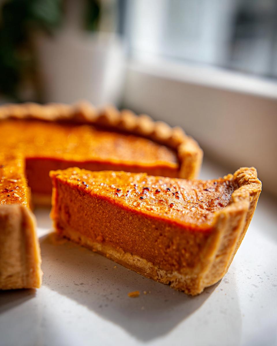 A close-up of a perfect slice of rich orange sweet potato pie resting next to the remainder of the pie.