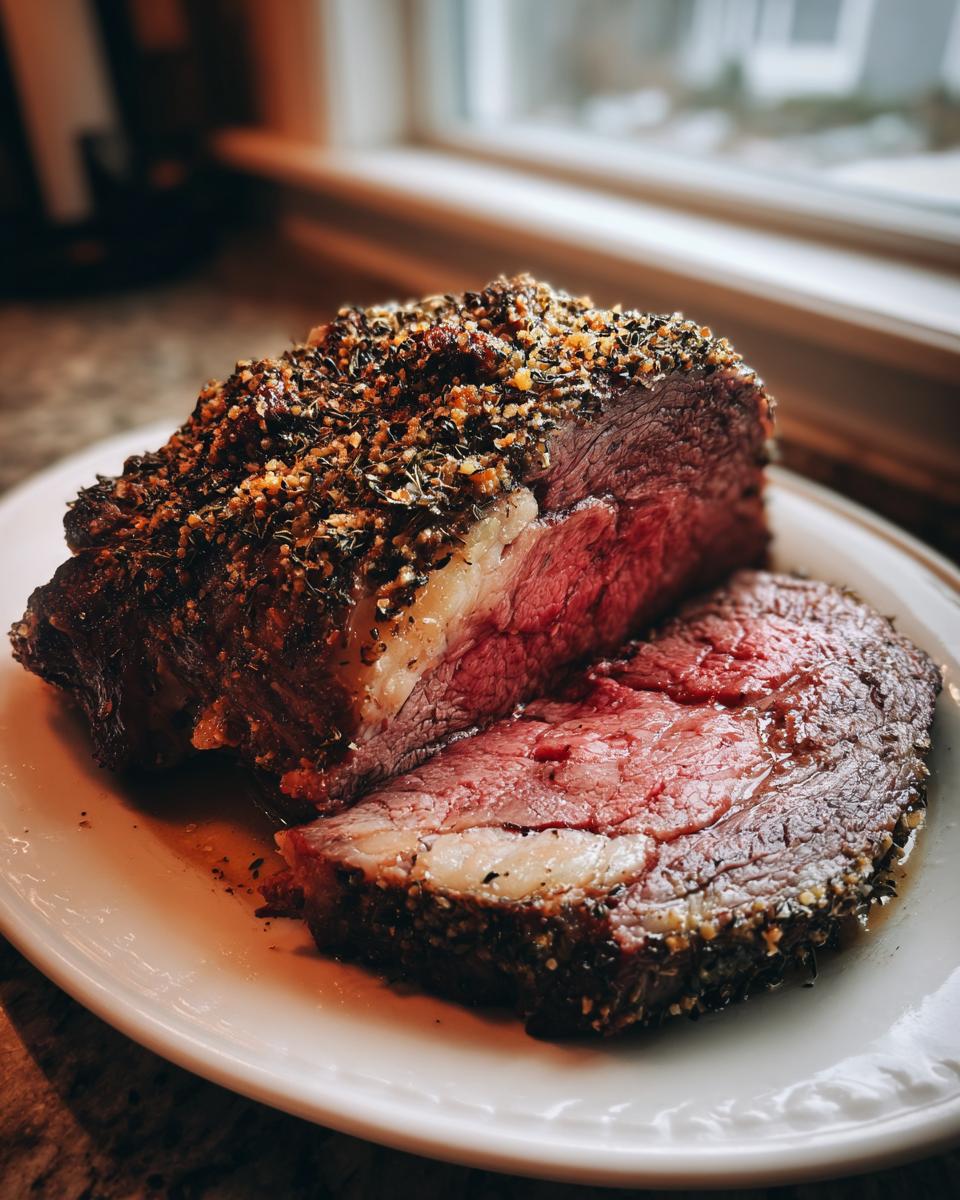 A thick slice of medium-rare rib roast, crusted with herbs and spices, resting on a white plate.