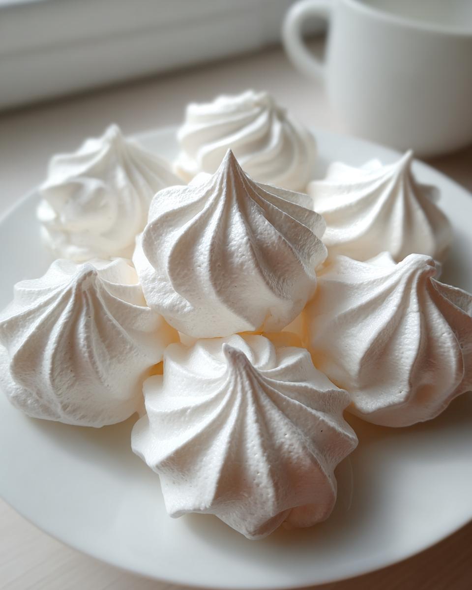 A close-up of several perfectly piped, crisp white meringue cookies piled on a white plate.