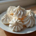 A close-up of several perfectly piped, white meringue cookies stacked on a small white plate.
