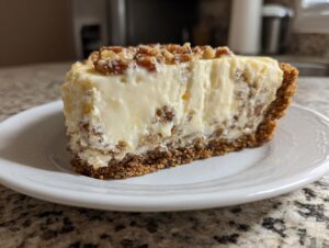 A thick slice of creamy Million Dollar Pie with a graham cracker crust and topped with chopped pecans.