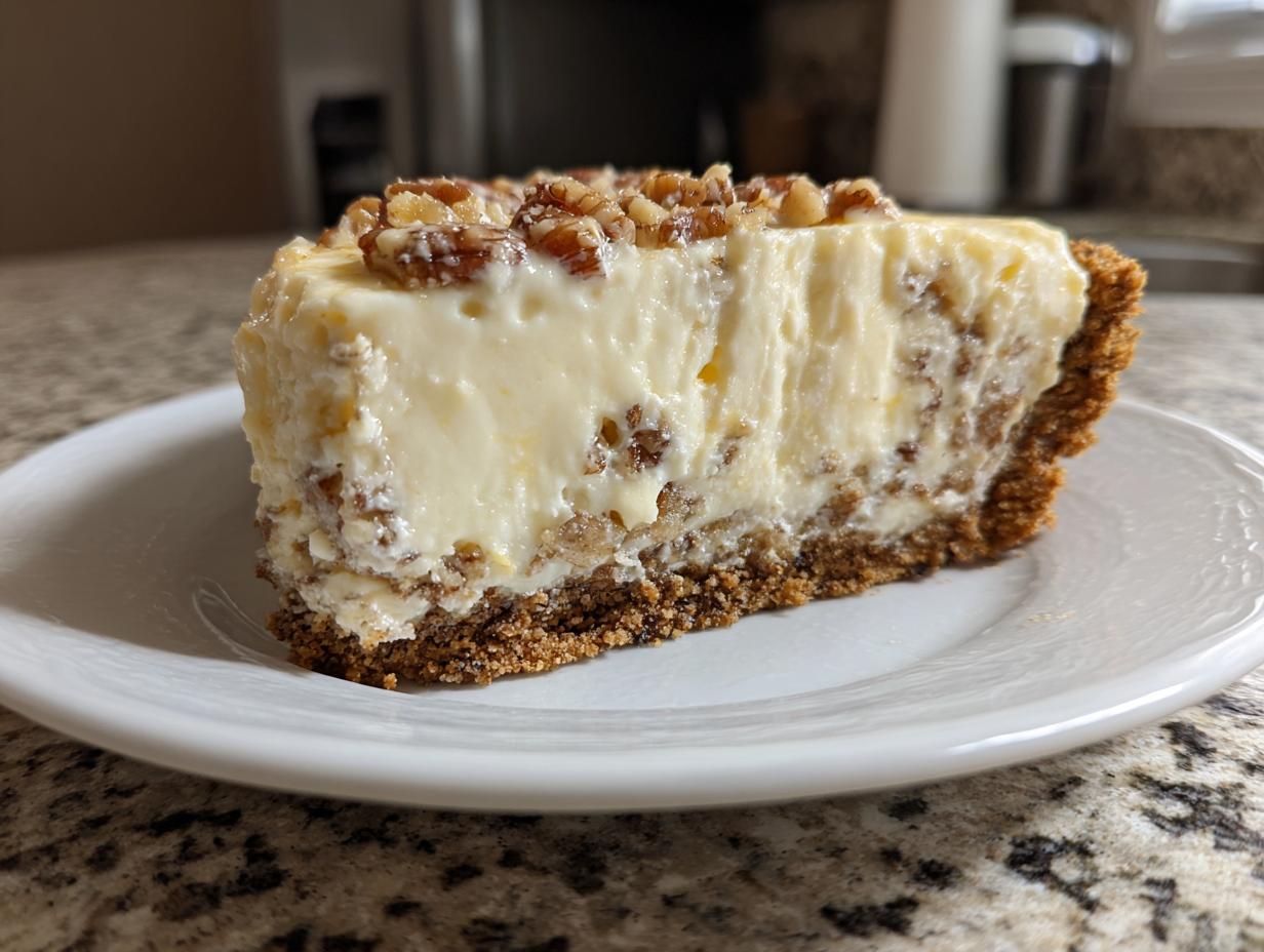 A thick slice of creamy Million Dollar Pie with a graham cracker crust and topped with chopped pecans.