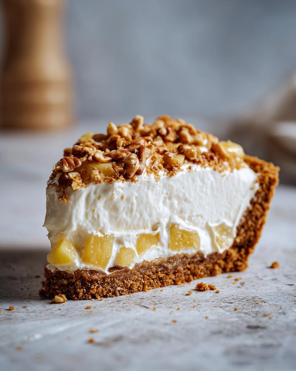 A close-up slice of Million Dollar Pie showing a graham cracker crust, creamy filling with pineapple chunks, and a pecan topping.