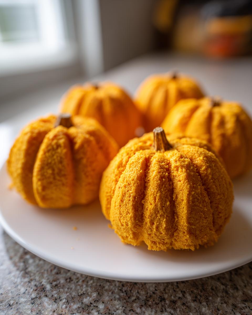Five individual, bright orange pumpkin cheese ball appetizers shaped like small pumpkins on a white plate.