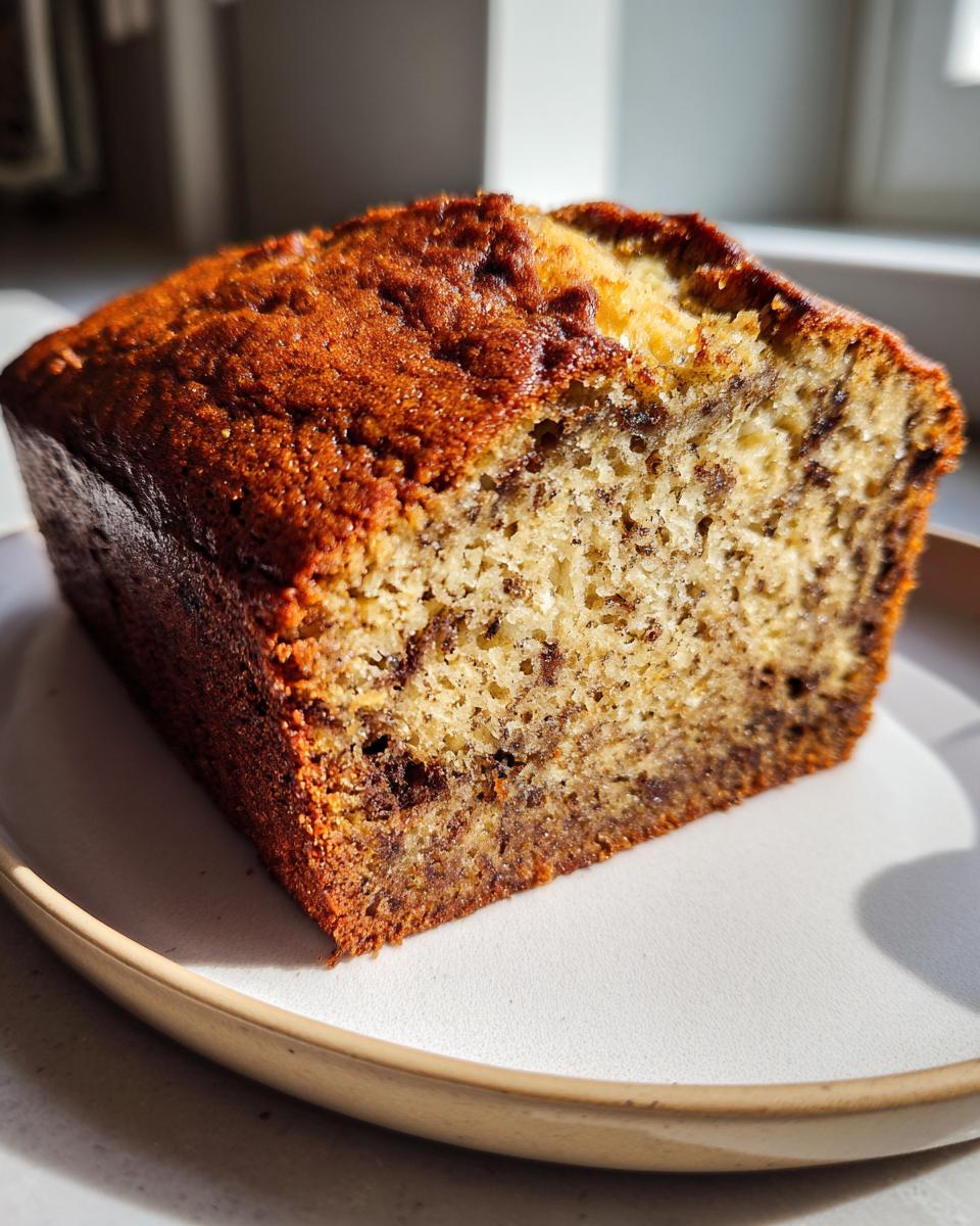 A thick slice of the best banana bread showing a moist, speckled interior and a dark, caramelized crust, resting on a white plate.