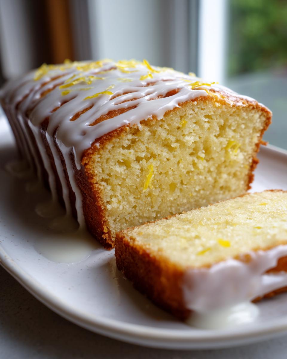 Close-up of a sliced lemon loaf drizzled with white glaze and topped with bright yellow lemon zest.