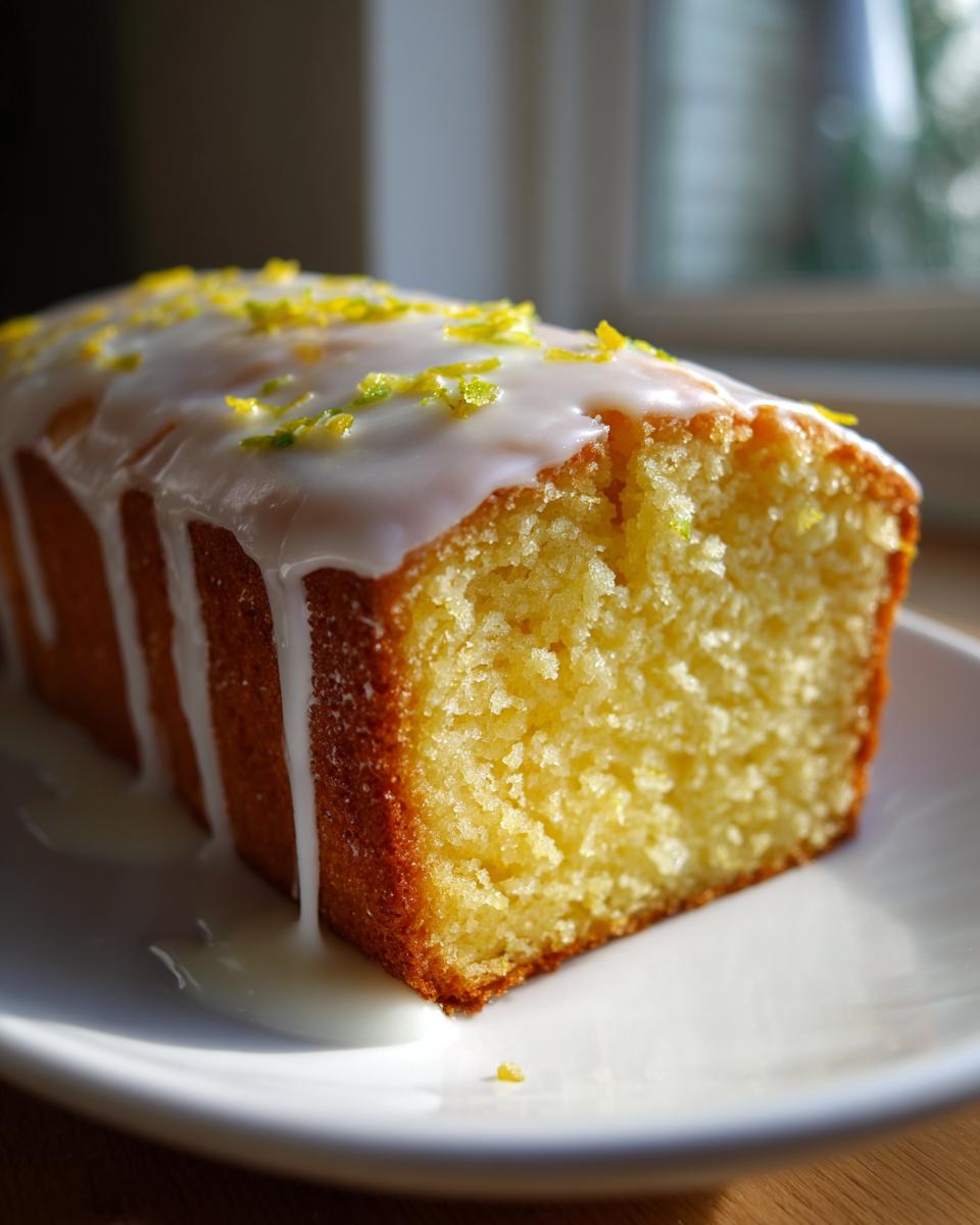 A close-up of a moist slice of lemon loaf cake topped with white glaze and bright yellow-green lemon zest.