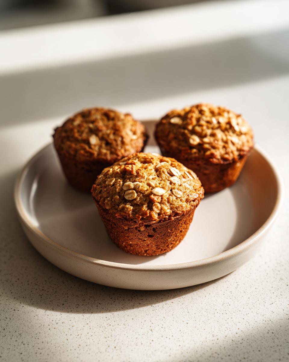 Three golden brown oatmeal muffins topped with rolled oats, resting on a light ceramic plate.