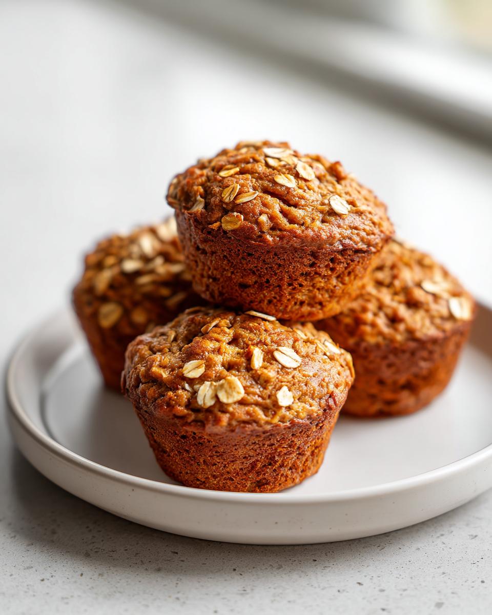 A stack of four golden brown, moist oatmeal muffins topped with rolled oats, resting on a light plate.