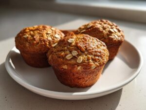 Three freshly baked, moist oatmeal muffins topped with visible oat flakes, sitting on a white plate in bright sunlight.
