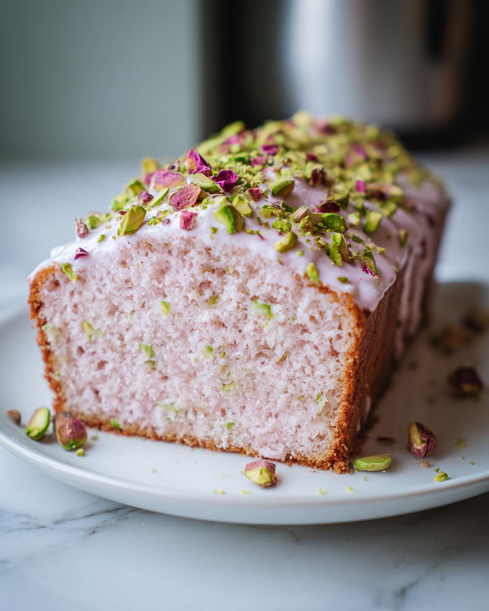Close-up of a slice of moist pink rose cake loaf topped with pink icing, chopped pistachios, and dried rose petals.