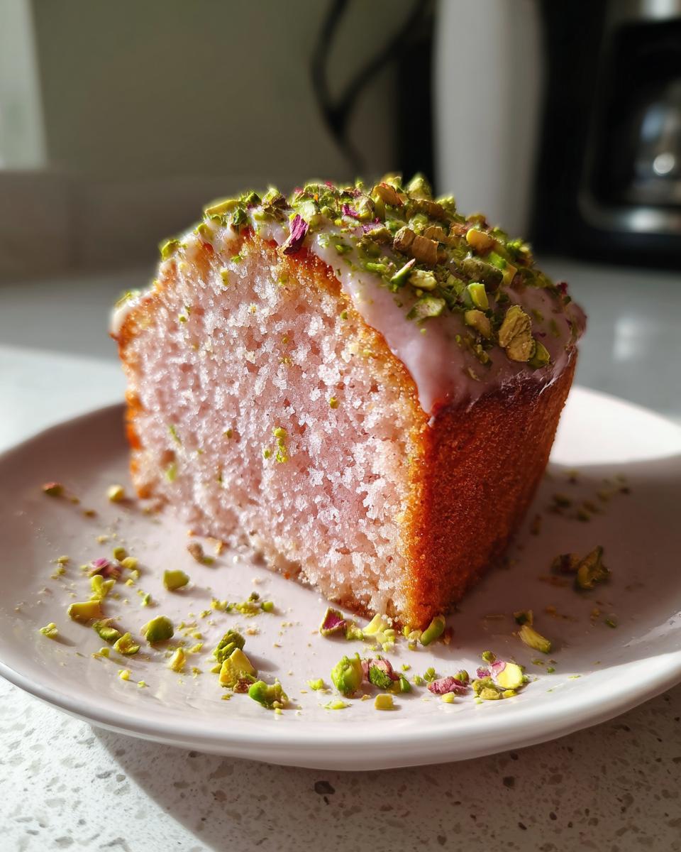 A slice of moist, pink rose cake topped with light glaze and chopped pistachios, served on a small plate.