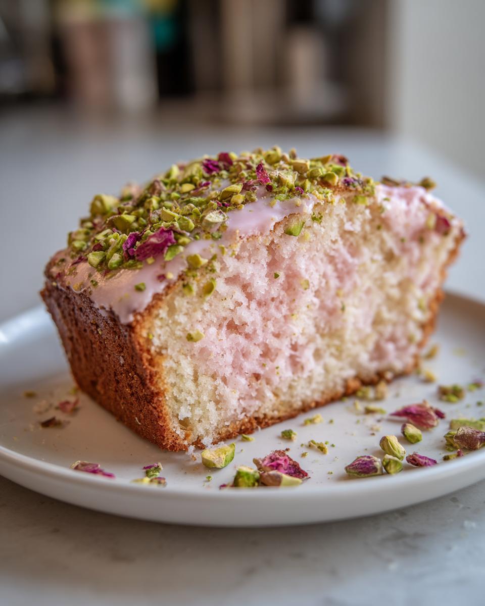 Close-up of a slice of moist rose cake with pink crumb, topped with pink glaze, chopped pistachios, and dried rose petals.