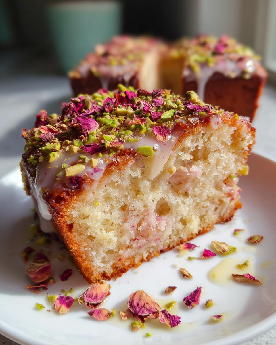 Close-up of a moist slice of rose cake topped with glaze, chopped pistachios, and dried rose petals.