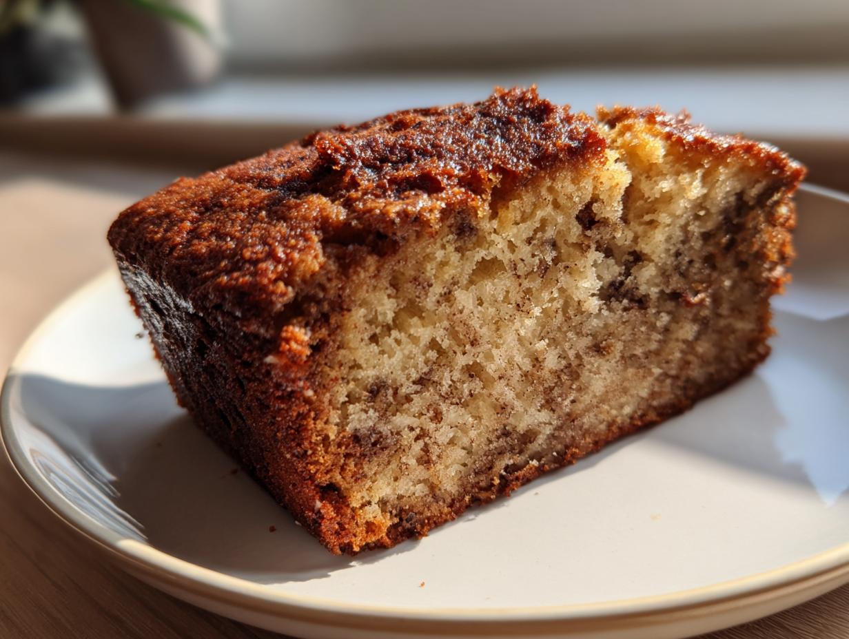 Close-up of a moist slice of the best banana bread showing a tender crumb and dark cinnamon swirl.