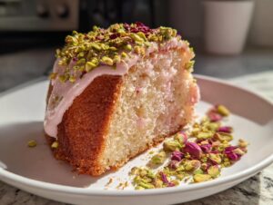 A slice of moist rose cake topped with pink icing, chopped pistachios, and dried rose petals.