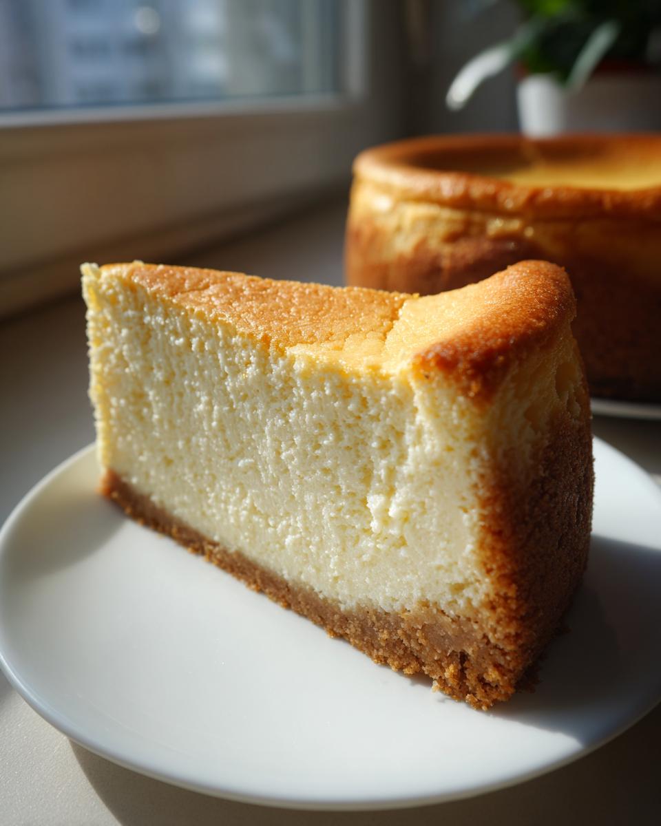 A thick, creamy slice of new york cheesecake with a golden-brown top and graham cracker crust on a white plate.