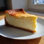 A thick slice of creamy new york cheesecake with a graham cracker crust and a beautifully browned top, sitting on a white plate.