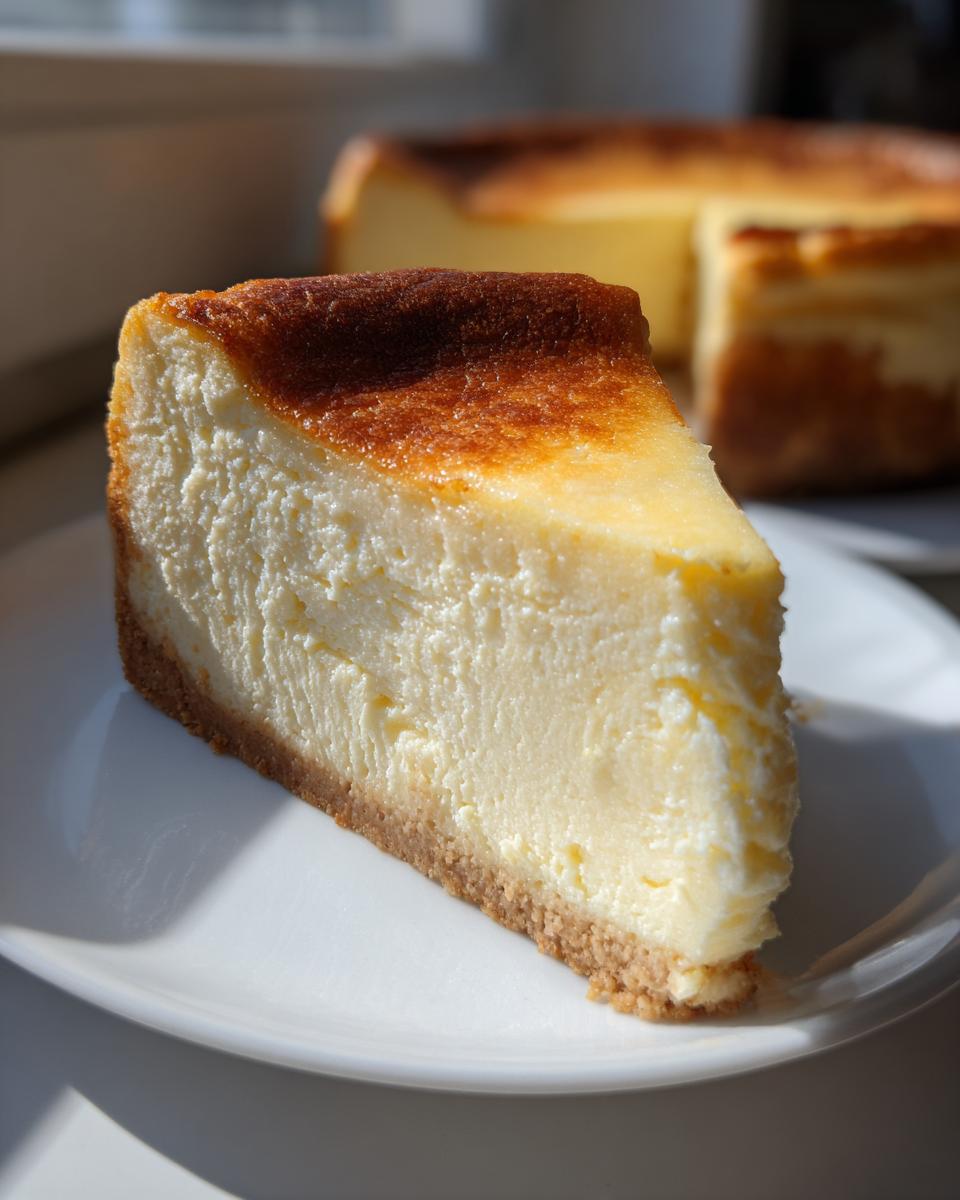 A close-up of a thick slice of creamy new york cheesecake with a golden-brown top and graham cracker crust.