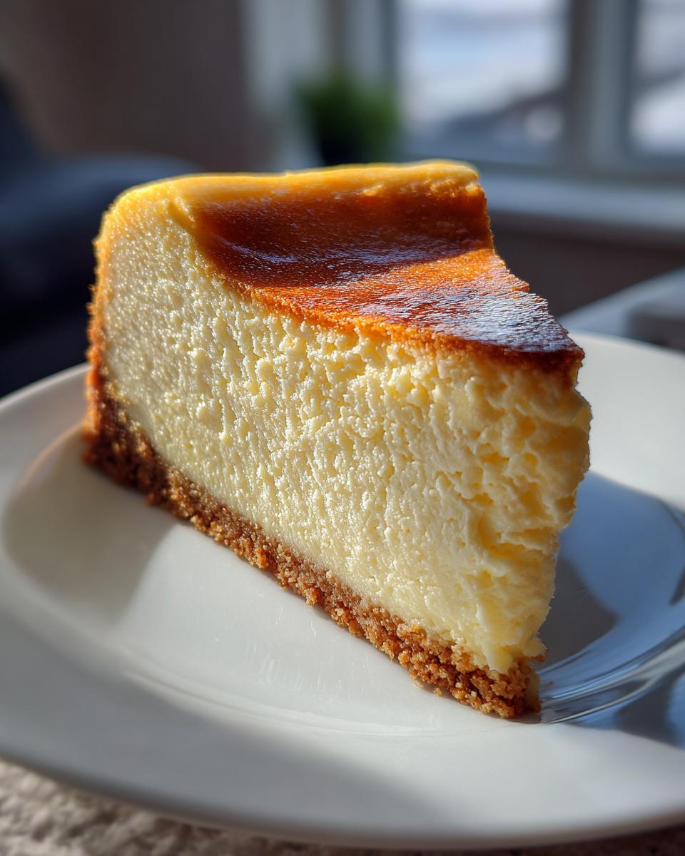 A tall, creamy slice of new york cheesecake showing a golden-brown top and thick graham cracker crust on a white plate.