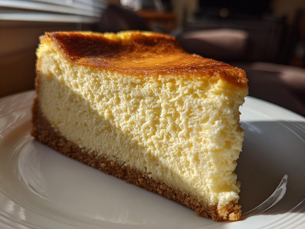 A thick, creamy slice of new york cheesecake with a golden-brown top and graham cracker crust, resting on a white plate.
