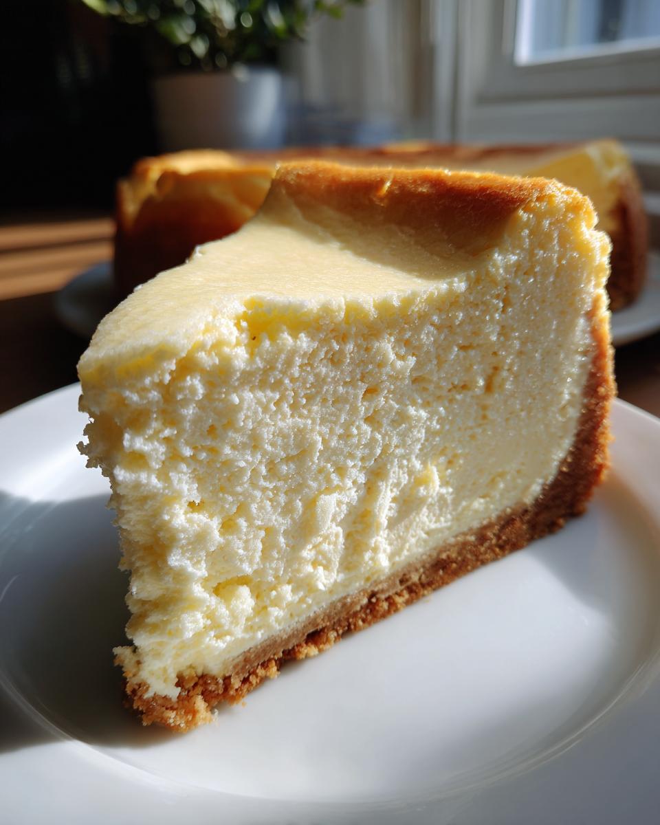 A thick, creamy slice of new york cheesecake with a golden-brown graham cracker crust on a white plate.