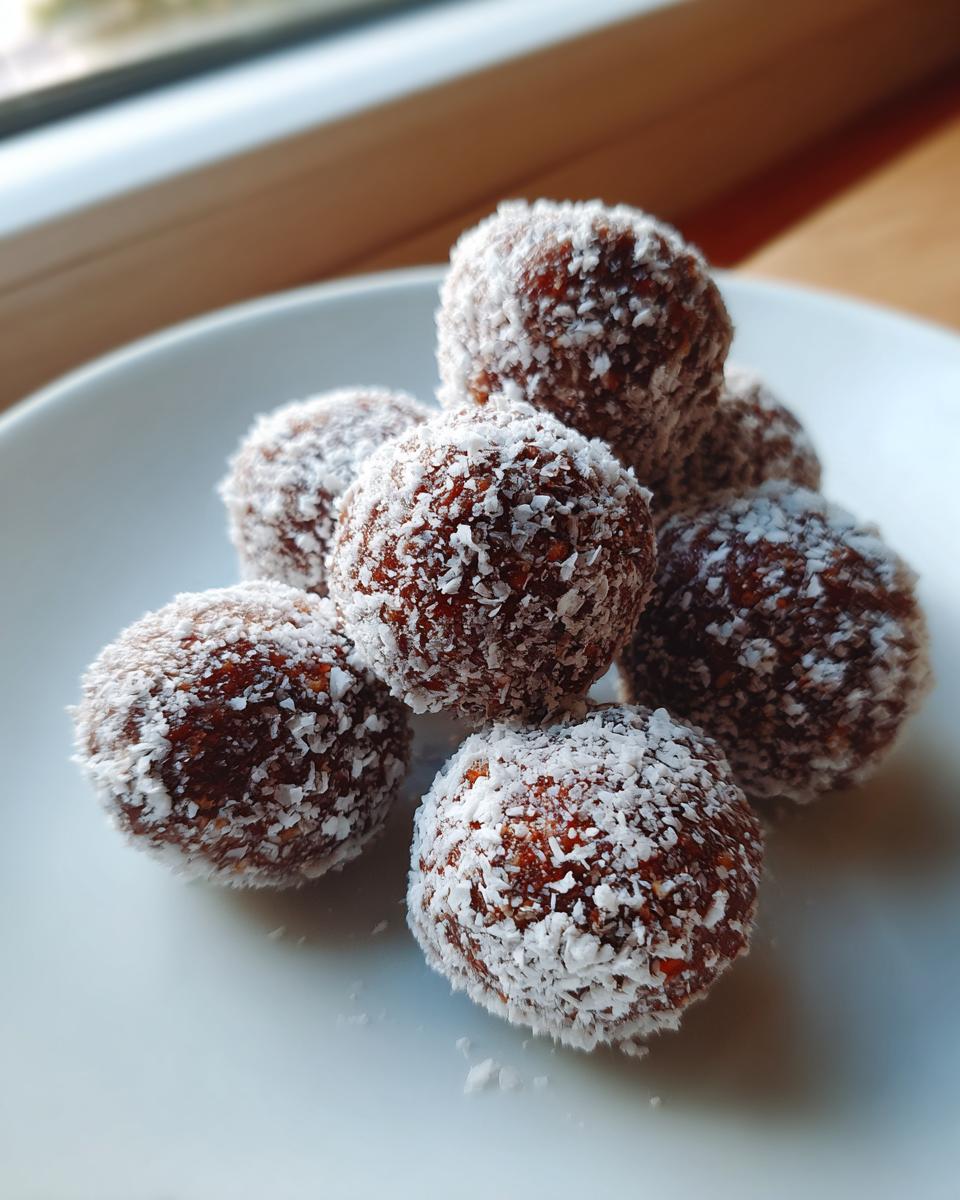 A small pile of rich brown bourbon balls generously coated in shredded white coconut, resting on a white plate.