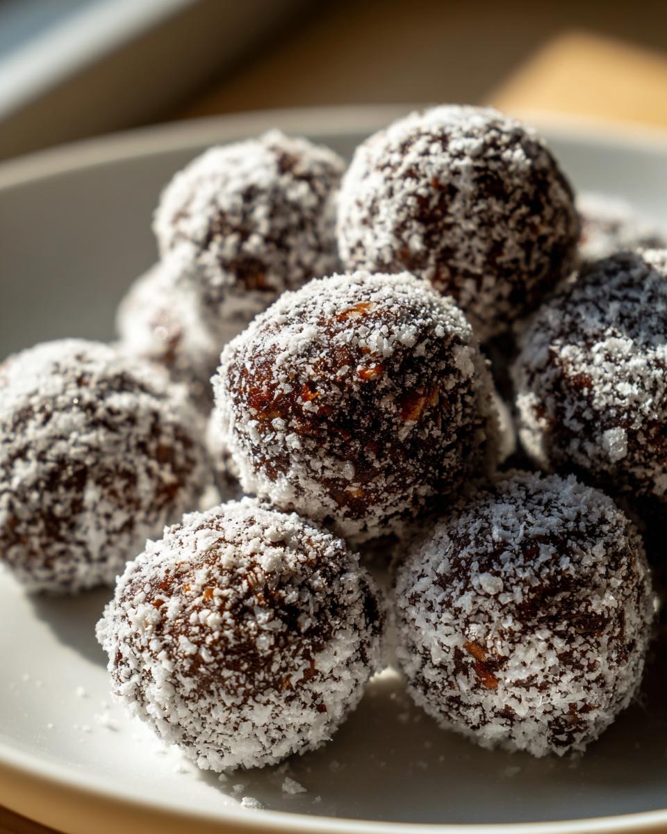 A pile of rich, dark no-bake bourbon balls generously coated in shredded white coconut flakes.
