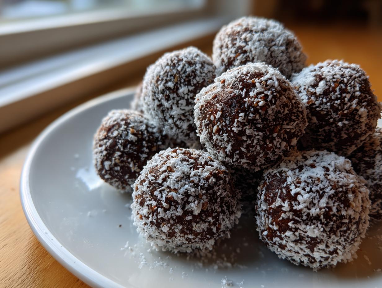 A close-up of several rich, dark bourbon balls rolled in shredded coconut, stacked on a white plate.