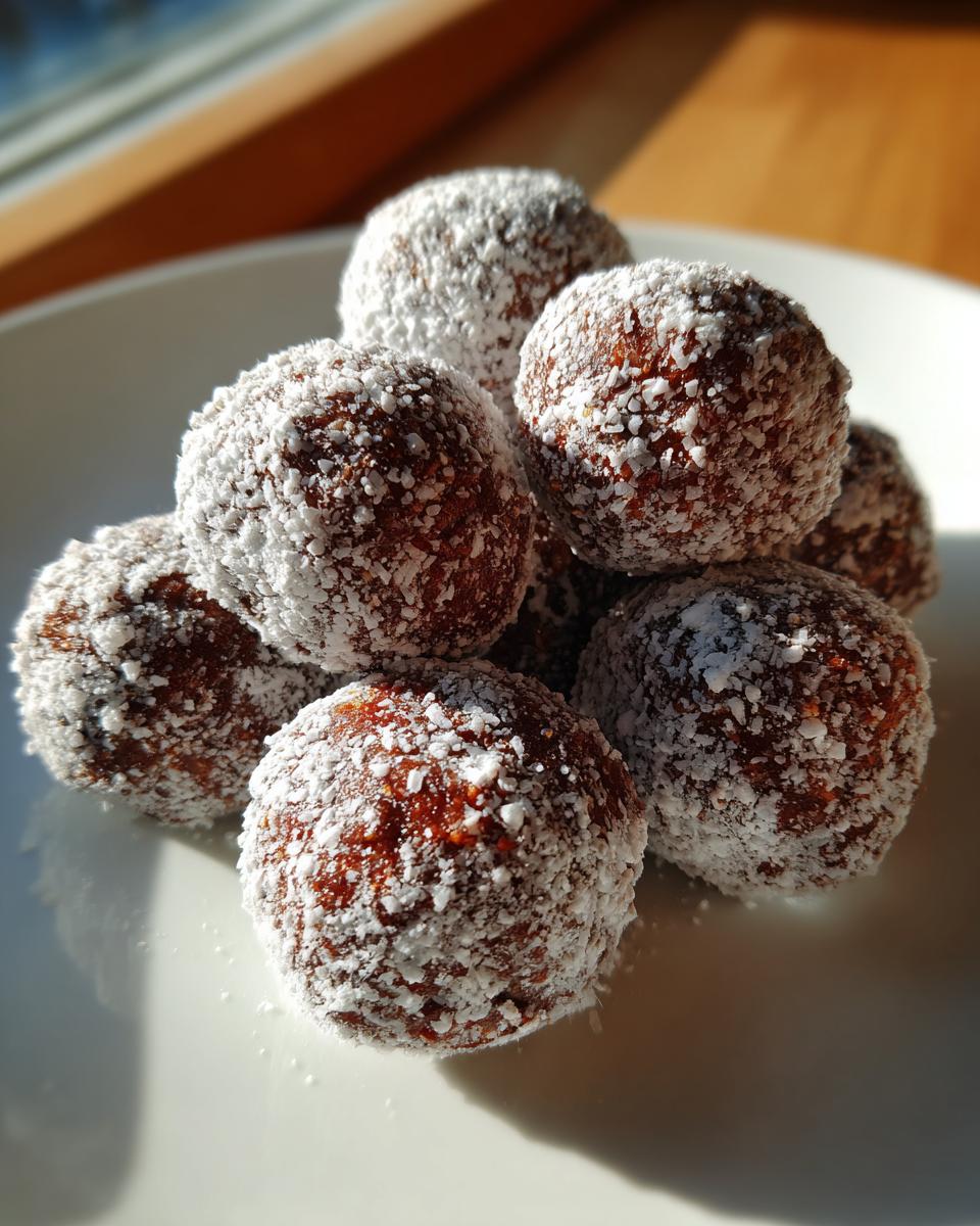 A close-up stack of rich, dark bourbon balls heavily coated in white powdered sugar on a white plate.
