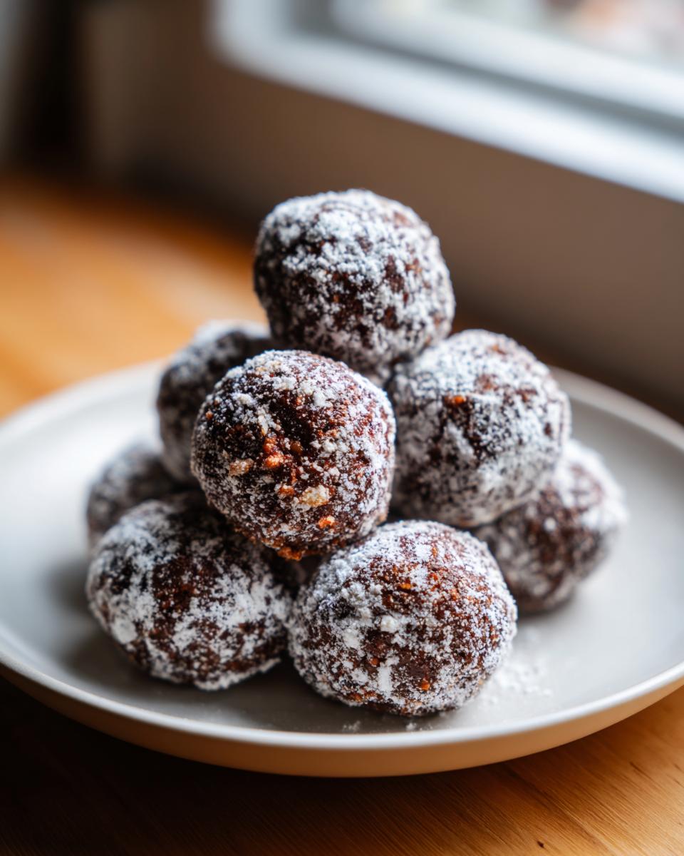 A mound of rich, dark bourbon balls heavily dusted with white powdered sugar, sitting on a light plate.