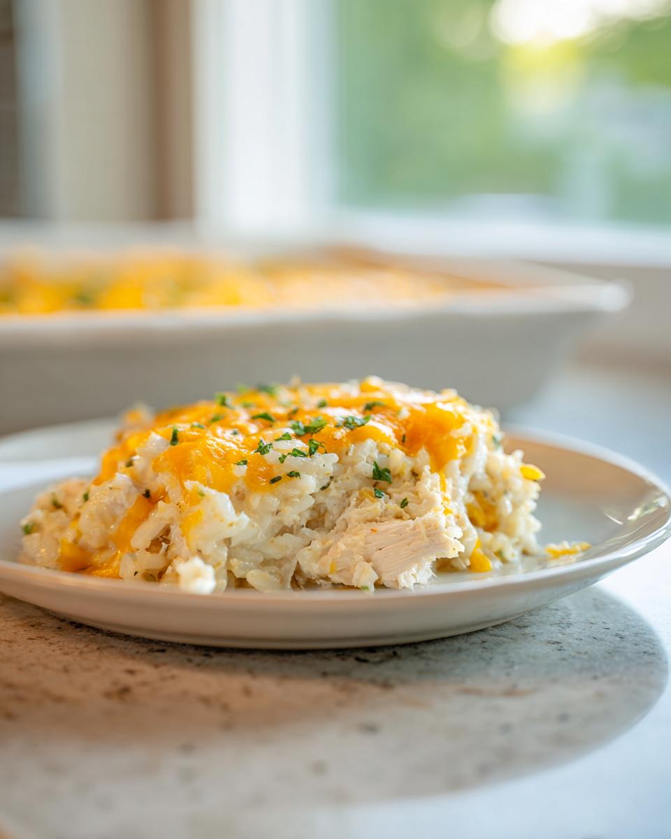 A serving of creamy chicken and rice casserole topped with melted cheddar cheese and parsley on a white plate.