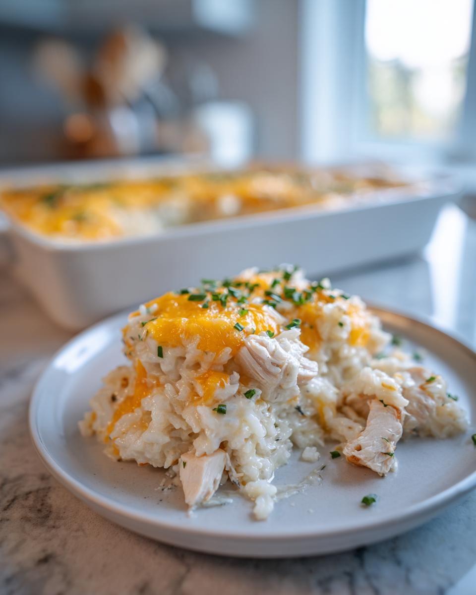 A close-up serving of creamy chicken and rice topped with melted cheddar cheese and fresh chives.