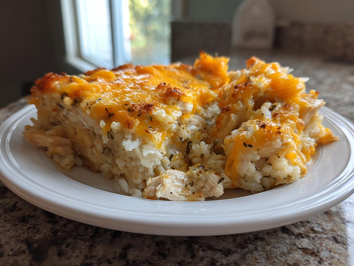 A close-up of a hearty serving of one pan chicken and rice topped with melted cheddar cheese.