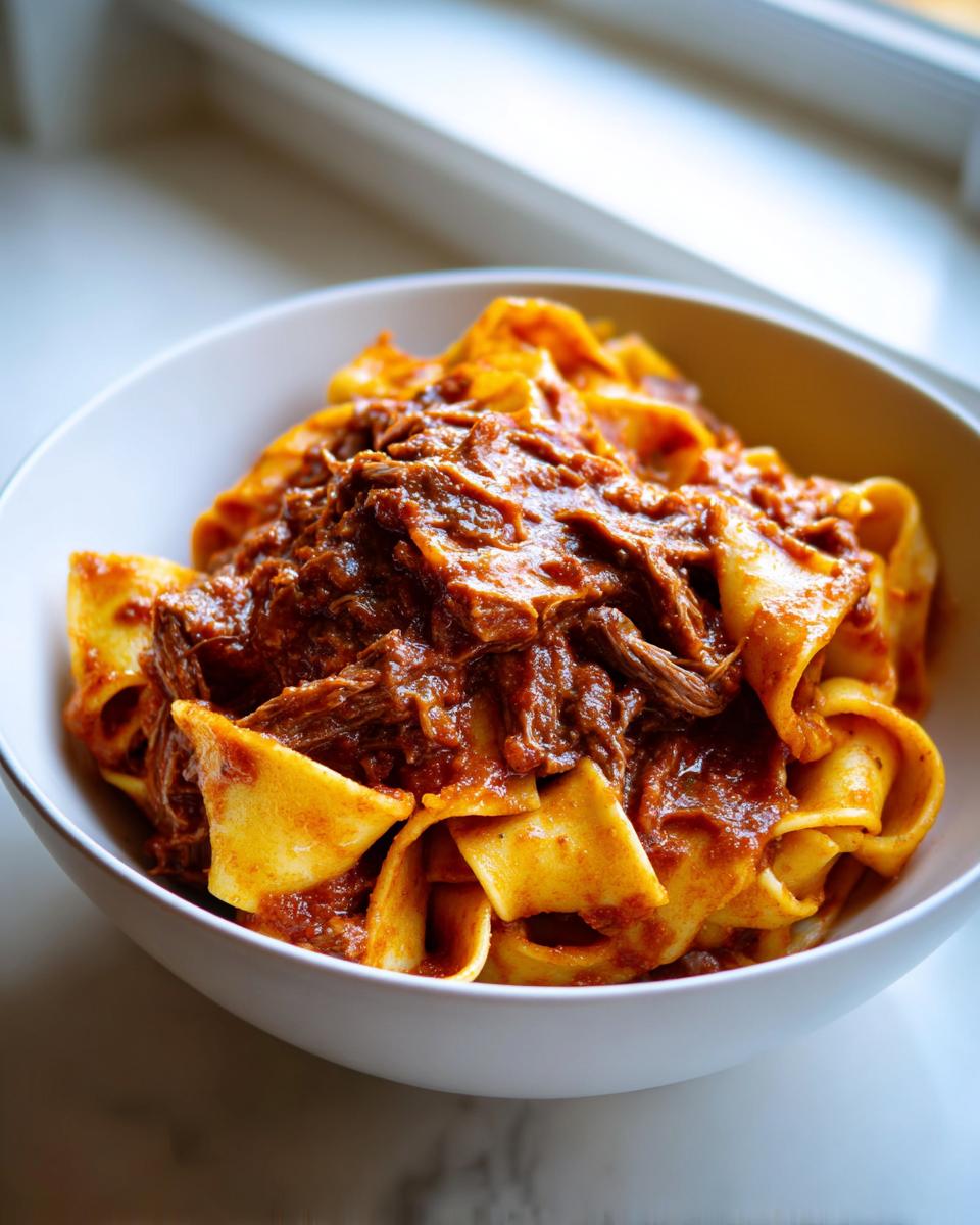 A close-up of wide pappardelle pasta generously topped with rich, shredded beef ragu in a white bowl.