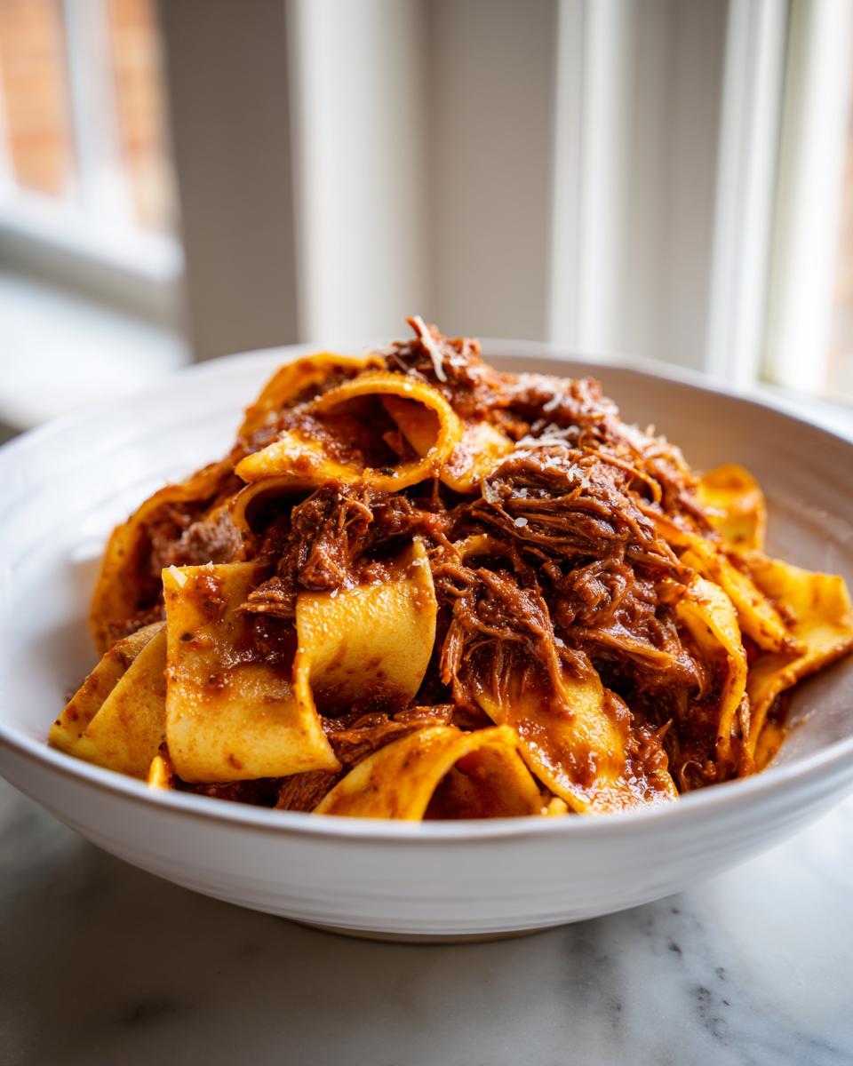 A close-up of wide pappardelle pasta generously coated in rich, slow-cooked beef ragu, topped with grated cheese.