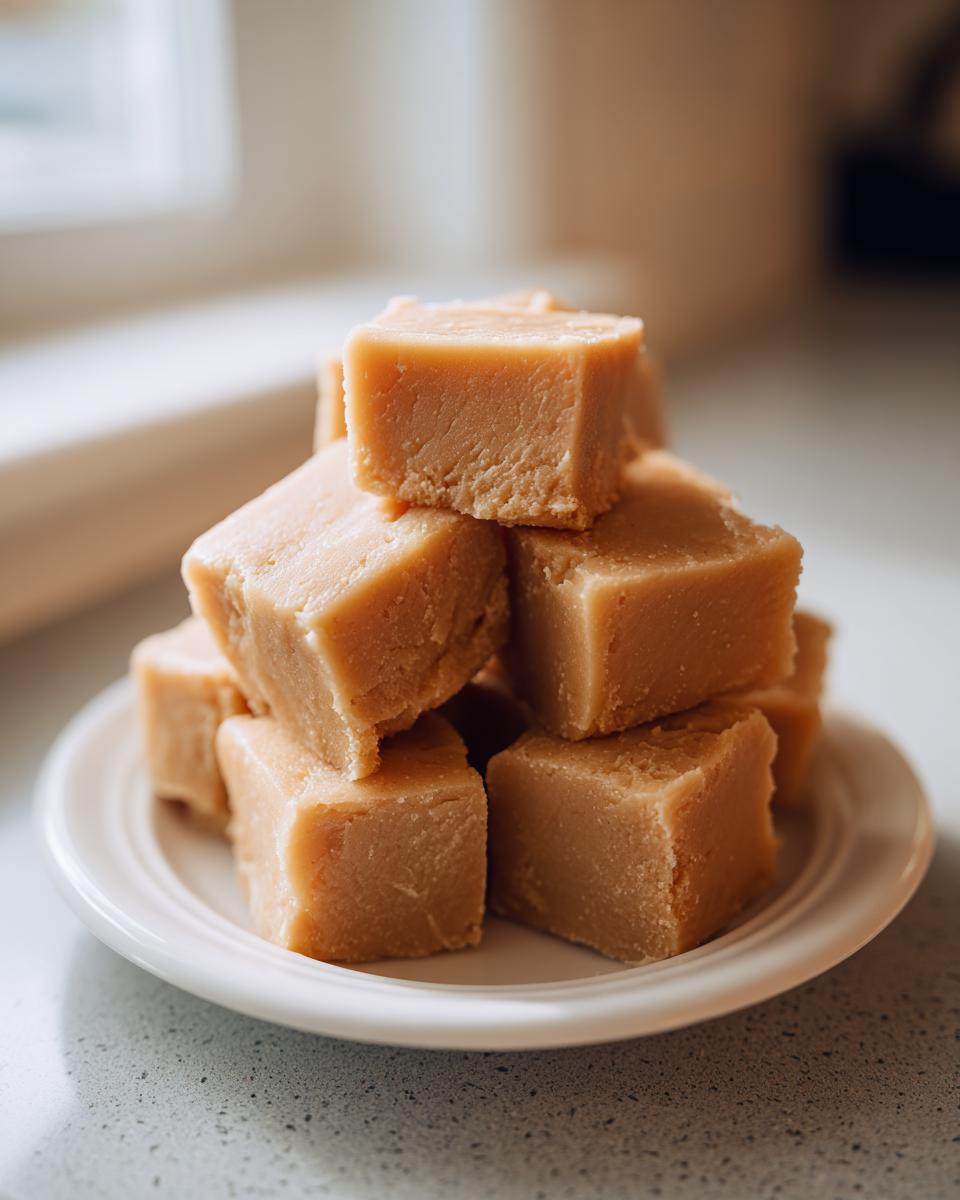 A close-up stack of creamy, light brown penuche fudge squares resting on a small white plate.