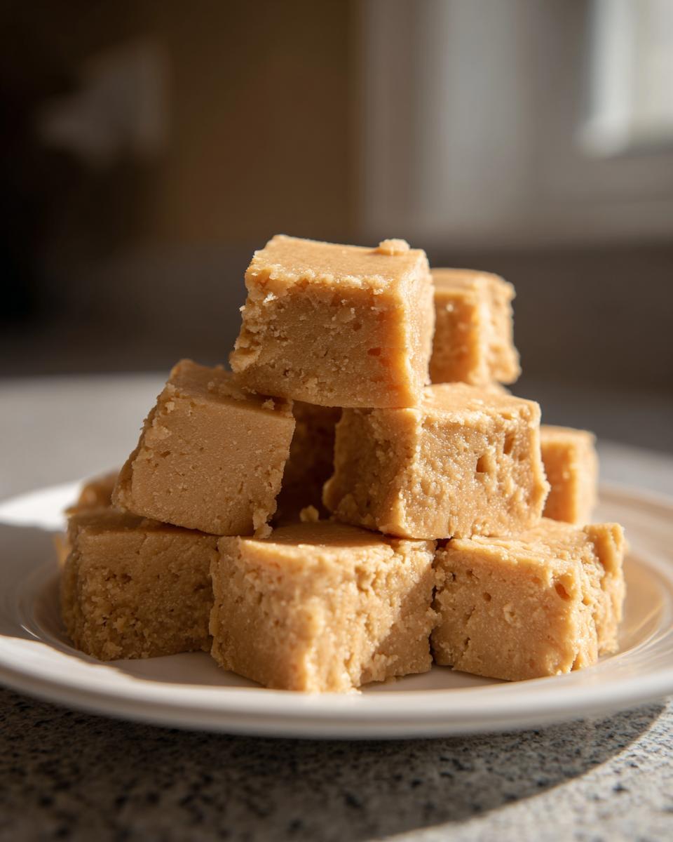 A stack of light brown, creamy squares of homemade penuche fudge piled on a white plate.